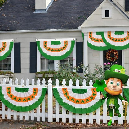 4Pack St Patrick's Day Bunting Flags 2x4 Ft Irish Pleated Half Fan Bunting with Embroidered Shamrock Ireland Patriotic Décor Banner Flag with Grommet for OutsideGarden Decor