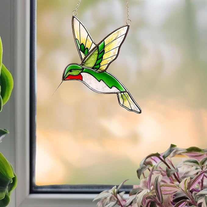 Hummingbird Stained Glass Window Hanging Light Catchers Home Decor Handmade Ruby Throated Bird Sun Catchers Indoor Window Ornament Hummingbird Gifts for Women & Mom Bird Lovers