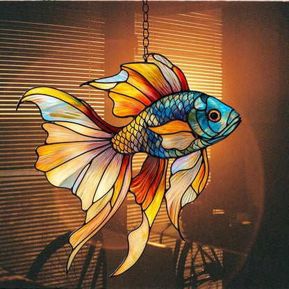 Rainbow Beta Fish Acrylic Suncatcher Stained Glass Effect Window Car Hanging Christmas Ornament Indoor Outdoor Decor Garden Sun Catcher Panel for Acrylic Suncatcher Lover for Women Mom Grandma