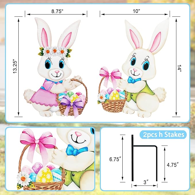 Easter Decorations Outdoor,2 Pack Metal Easter Egg Bunny Yard Signs for Outside,Cute Bunny Garden Stakes for Lawn,Yard,Rabbit Gifts for Women