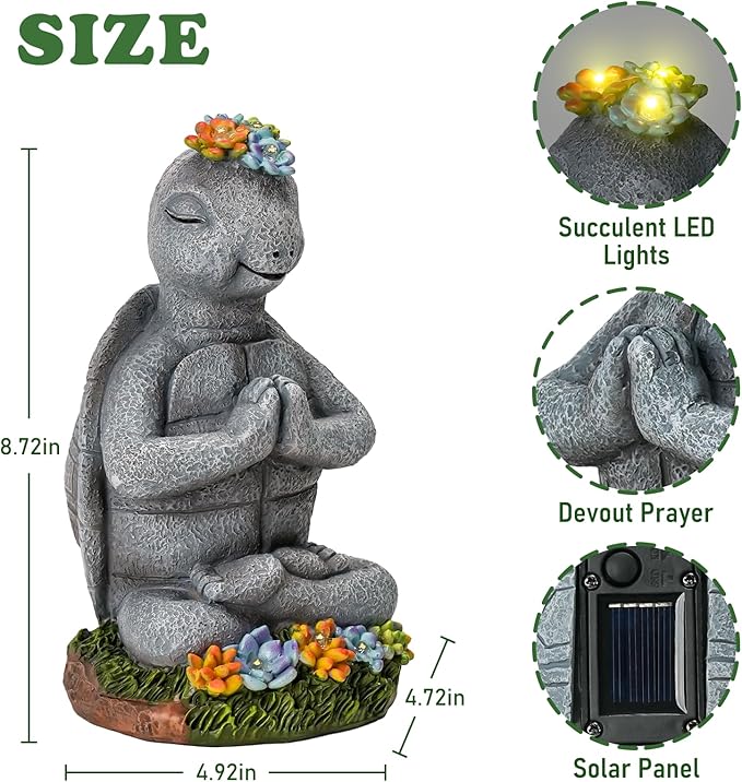 Meditating Turtle Garden Statue with Solar LED Lights - Zen Yoga Turtle Figurine with Succulents, 8.7-Inch Resin Garden Decor, IP65 Waterproof Outdoor Sculpture, Unique Birthday Gifts for Women Mom