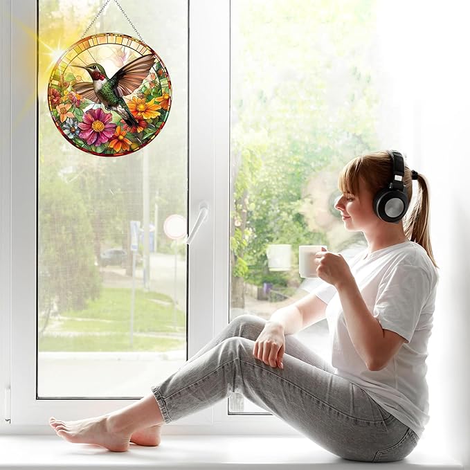VAIIEYO Hummingbird Sun Catcher Stained Glass Window Hanging Ornament, Handmade Sun Catcher Animal Decoration with Hooks for Window Garden Home, Mother's Day & Birthday Housewarming Gift (7.8 inch)