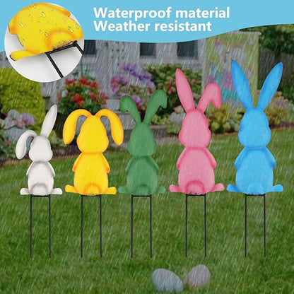 Metal Easter Yard Signs 5pcs with Stakes Welcome Peeps Bunny Garden Decorations Outdoor Holiday Welcome Signs for Happy Easter Themed Festival Party Supplies, Lawn, Garden Yard Decor