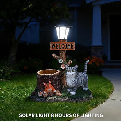 20" Solar Cat Garden Statue with Welcome Sign & Planter - Large Cat Sculpture with LED Street Lantern - Weatherproof Resin Decorative Flower Pot for Porch, Yard & Patio - Pet Lover Gift