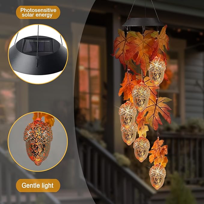 Solar Acorns Wind Chimes for Outside,Osk Leaves Danglers Mobile Lights,Outdoor Hanging Fall Decor for Garden Patio Yard,Thanksgiving Birthday Gifts for Women