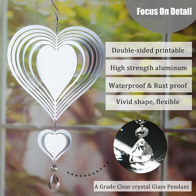 4Pack 8inch Sublimation Wind Spinner Blanks 3D Aluminum Metal Wind Sculpture Kinetic Spinners for Yard and Garden Indoor Art Ornaments Hanging Decoration (Heart)