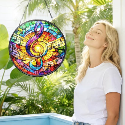 Music Note Stained Glass Window Hanging - Round Musical Suncatcher with Chain, Colorful Glass Ornament for Music Studio Home Garden Decor Gift, 8 Inch