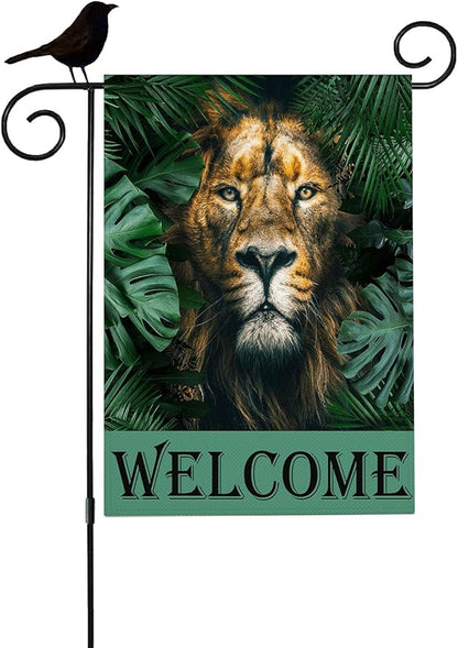 Mugod Lion Garden Flag 12.5x18" Double Sided for Outside, Jungle Animal Tropical Leaves Burlap Small Seasonal Yard Flag for Outdoor Decor