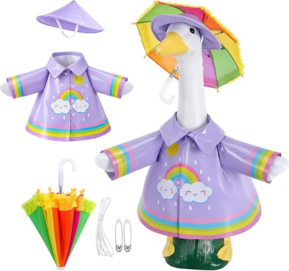 DECOHS 3 Pcs/Set Raincoat Porch Goose Outfits, Summer Lawn Goose Statue Raincoat Costume, Yard Goose Clothes Raincoats Umbrella Hat Outfit for 23" Statue Patio Garden Decoration (Purple Rainbow)