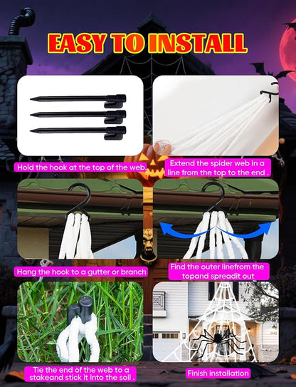 LCHUANG Spider Webs Halloween Decorations Lights - 250 LEDs Outdoor Halloween String Lights with 60" Light Up Spider,8 Modes Remote Control 16.4Ft Spiderweb,Waterproof (Orange+Purple)