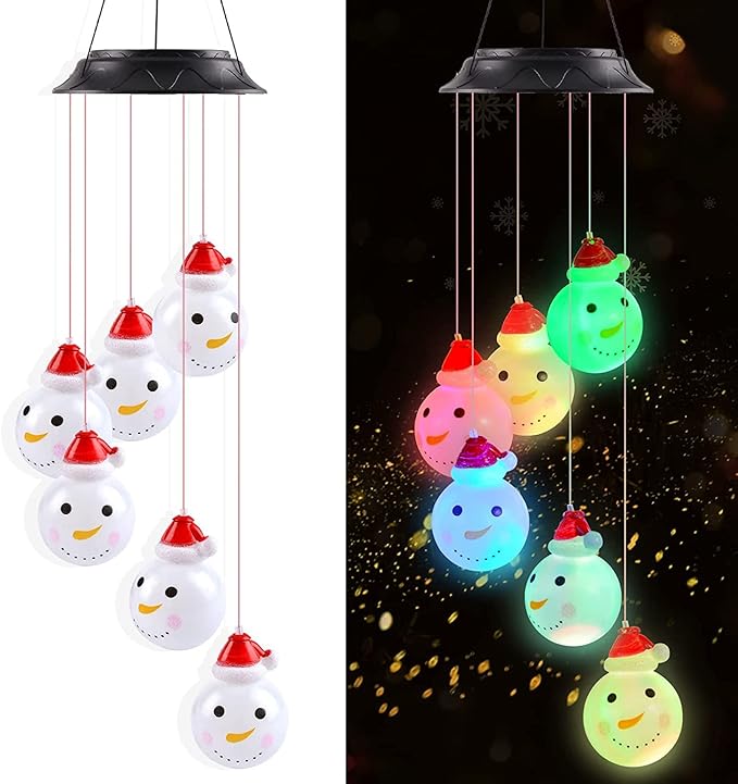 Solar Christmas Wind Chimes, Snowman Hanging Outdoor Decorations, Solar Christmas Decorations for Home Garden Yard
