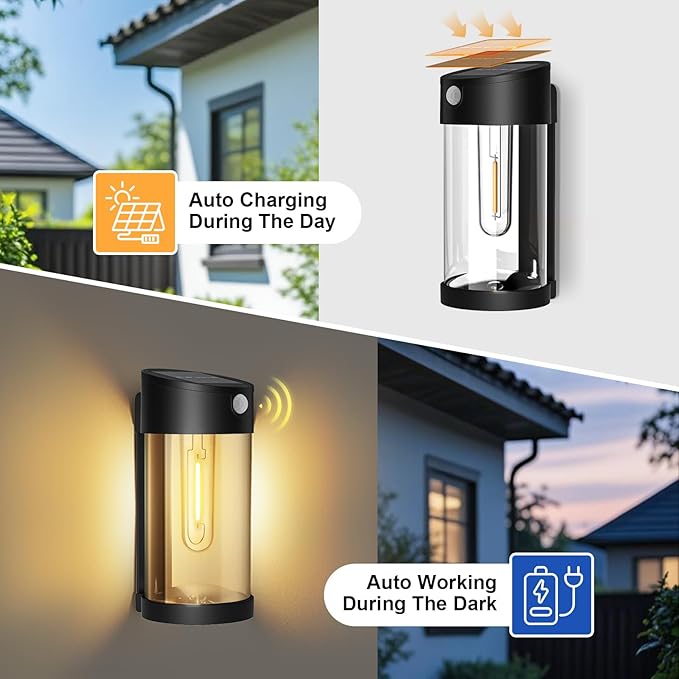 btfarm Solar Fence Lights Outdoor, Motion Sensor Outdoor Lights Waterproof, Retro Metal Glass LED Deck Lighting Solar Powered for Outside Front Door Garden Shed Patio Backyard Decor, 2 Pack