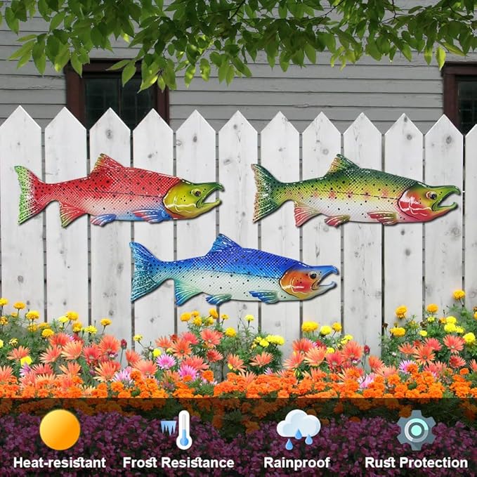 Metal Fish Wall Decor Outdoor Colorful Fish Coastal Ocean Sea Wall Art Sculptures Hanging Decorations for Bedroom, Living Room, Garden, Fence, Patio Set of 3
