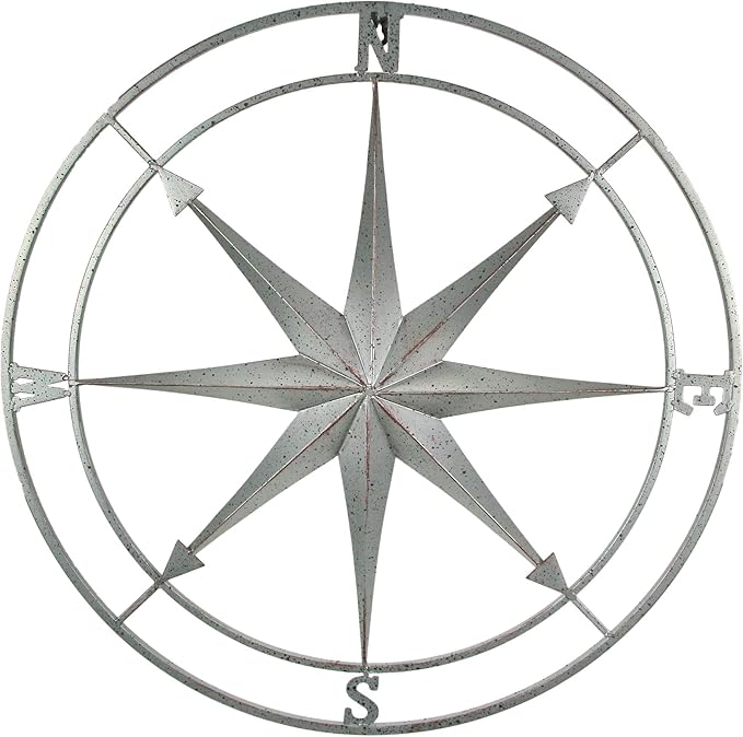 Zeckos Weathered Silver Finish Metal Nautical Compass Rose Wall Décor Hanging - Large 26 Inch Diameter Maritime Art Piece for Timeless Coastal Charm - Easy To Hang