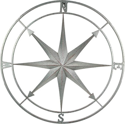 Zeckos Weathered Silver Finish Metal Nautical Compass Rose Wall Décor Hanging - Large 26 Inch Diameter Maritime Art Piece for Timeless Coastal Charm - Easy To Hang