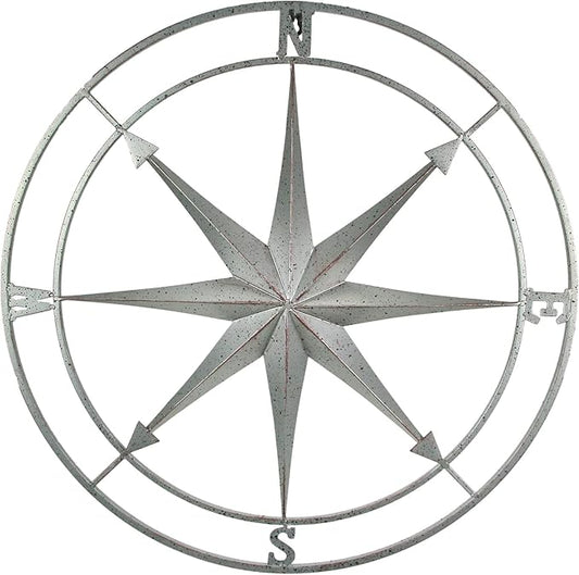 Zeckos Weathered Silver Finish Metal Nautical Compass Rose Wall Décor Hanging - Large 26 Inch Diameter Maritime Art Piece for Timeless Coastal Charm - Easy To Hang