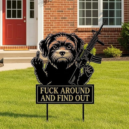 F Around & Find Out Dog Sentry Metal Dogs Silhouette Garden Stake with Middle Finger &Weapon Sign, FAFO Security Sign Middle Finger Dog Statue Decor for Outdoor Yard Patio (Shih Tzu, 8 * 16")