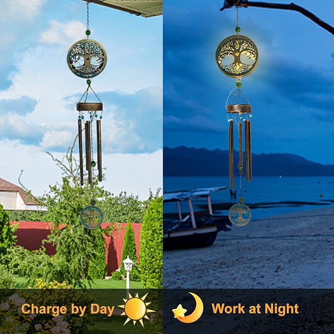Solar Tree of Life Wind Chimes,46.5" Sympathy Wind Chimes Outdoor Deep Tone Unique for Mom Women Grandma, Memorial Retirement Gifts, Garden Patio Balcony Yard Home Decor