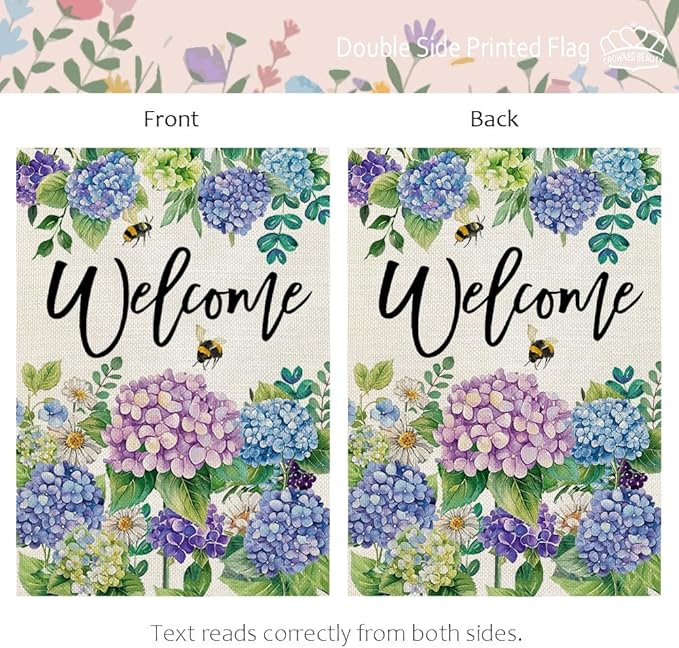 CROWNED BEAUTY Spring Garden Flag Floral Hydrangea Double Sided 12x18 Inches Small Burlap Welcome Holiday Seasonal Yard Decoration for Outside Porch CF1751-12