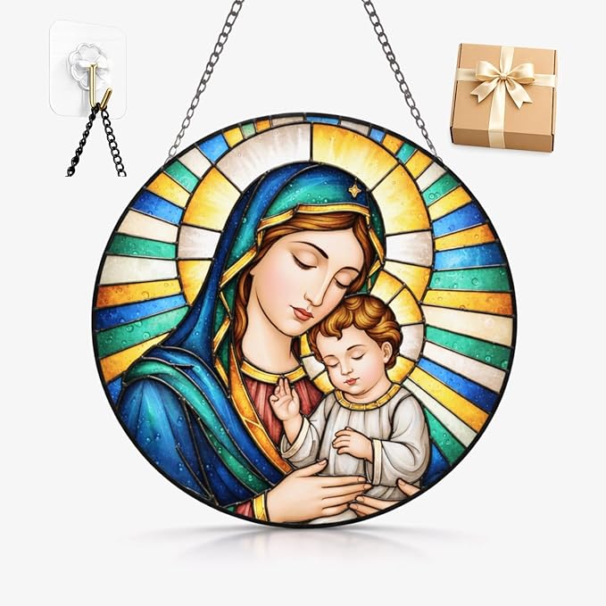 Virgin Mary and Child Suncatcher Window Hanging, 7.8" Stained Glass for Mom, Grandma and Friends, Faith Decor for Window, Prayer Room, Sunroom and Office