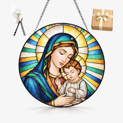 Virgin Mary and Child Suncatcher Window Hanging, 7.8" Stained Glass for Mom, Grandma and Friends, Faith Decor for Window, Prayer Room, Sunroom and Office