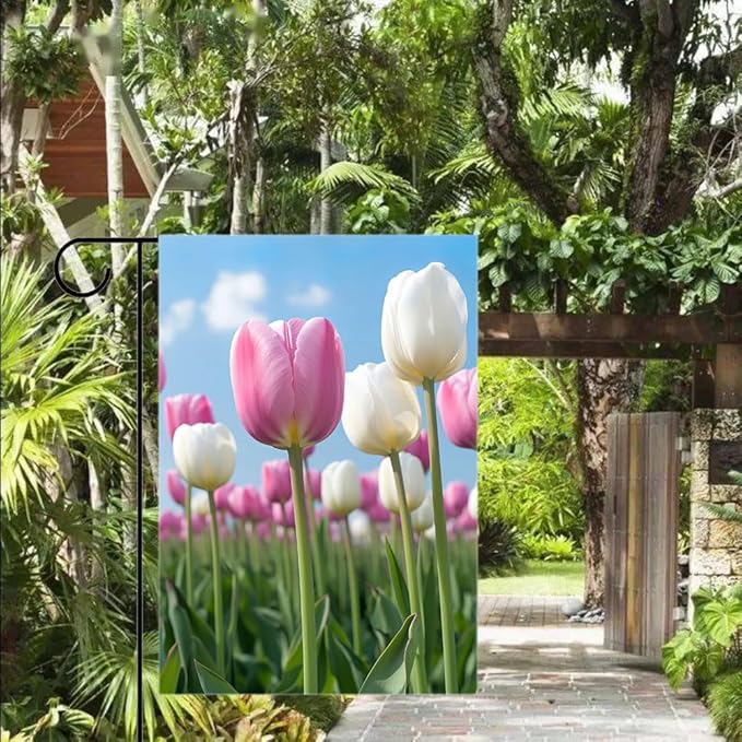 Gkyygk Tulips Flower Welcome Banners Garden Flag Pink White Double Sided 12x18 Inches Farmhouse Holiday Outside Decorations Burlap Yard Flag