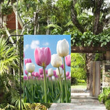 Gkyygk Tulips Flower Welcome Banners Garden Flag Pink White Double Sided 12x18 Inches Farmhouse Holiday Outside Decorations Burlap Yard Flag