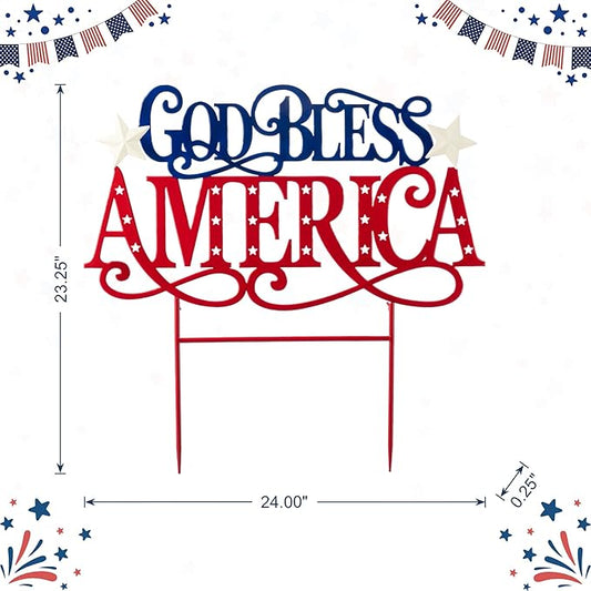 Glitzhome 4th of July Decorations Outdoor, 23.25"H Patriotic GOD BLESS AMERICA Decorative Garden Stakes, Metal Americana Patriotic Day Yard Sign, Memorial Day Yard Signs for Lawn Porch Decor