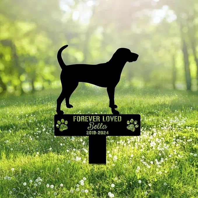 Custom English Coonhound Metal Memorial Garden Stake Personalized Pet Grave Marker Name Sign Remembrance Stake Decor Sympathy Dog Loss,Outdoor Statues for Yard Garden Lawn Patio Pathway Grave.