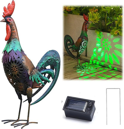 Solar Rooster Statue Light Outdoor, 18" Metal Yard Art Rooster Figurines(Retro Rooster).