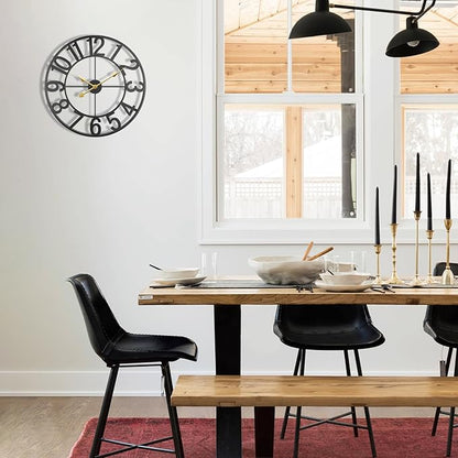 Indoor Outdoor Large Patio Decorative Wall Clock Silent Non Ticking Battery Operated, 16 Inch Modern Black Metal Wall Clock for Pool Area, Living Room, Farmhouse, Kitchen