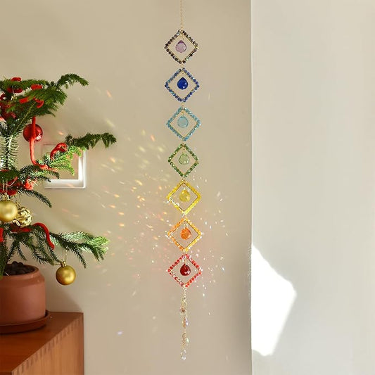 7 Chakra Crystal Light Catcher - Handwoven Sun Catcher with Geometric Metal Frames, Rainbow Maker for Windows, Garden & Balcony Decor, Rainbow Crystal Beads, 7-Tier (Colorful Colors)