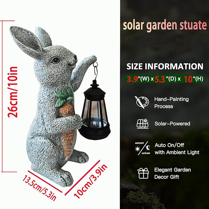 Garden Statues Rabbit Solar Lantern Outdoor Handmade Resin Statue Bunny with Cute Carrot for Patio, Yard, Mother's Day Gift Ideas