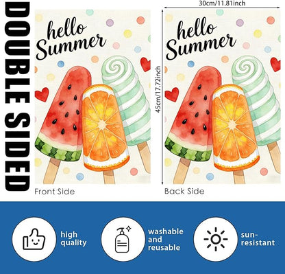 Nuxovilar Summer Garden Flag Hello Summer Popsicle Watermelon Orange Pattern Polyester 12x18 Inches Garden Flags for Outside Colorful Decor Yard Porch Lawn