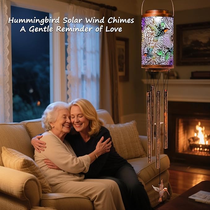 Hummingbird Solar Wind Chimes for Outside, Garden Gifts for Women,Solar Lantern Outdoor Waterproof Lights for Balcony, Porch, Backyard, Birthday Gifts for Mom Grandma Wife (1Pack)