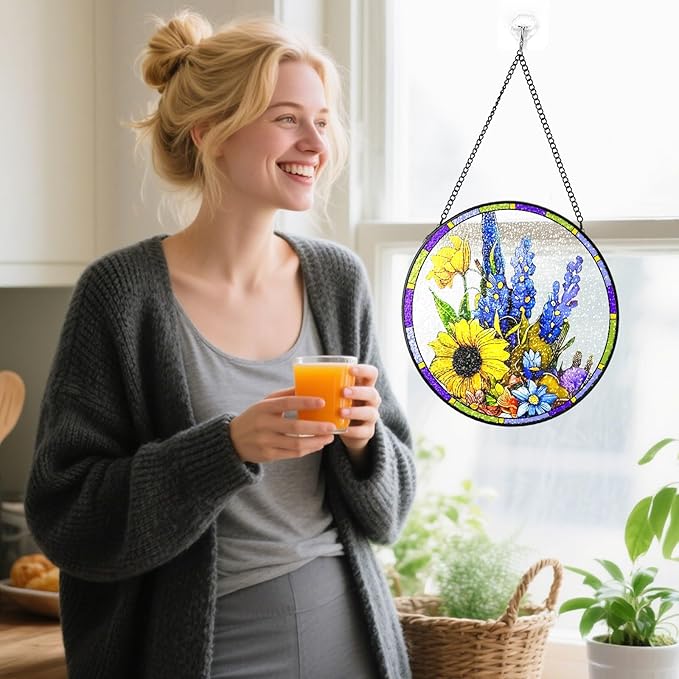 Stained Glass Suncatchers Window Hanging, Delphinium Flower Sun Catchers Indoor Window Stained Glass Hanging Garden Decor, Birthday Gift for Mom Grandma Aunt Sister Bestie 7.8 in