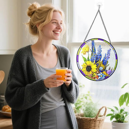 Stained Glass Suncatchers Window Hanging, Delphinium Flower Sun Catchers Indoor Window Stained Glass Hanging Garden Decor, Birthday Gift for Mom Grandma Aunt Sister Bestie 7.8 in
