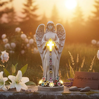 Angel Garden Statues Outdoor Cemetery Decorations for Grave 8.2" Resin Praying Angel Figurines Featuring Cross Solar Light Waterproof Angel Decor for Grave-Sympathy Gifts for Loss of Loved One
