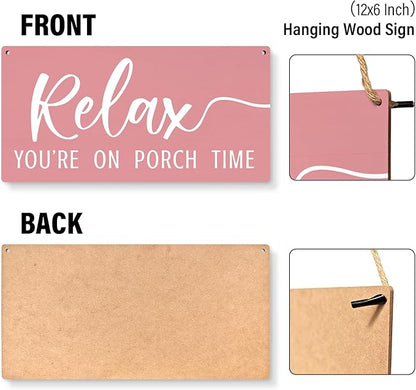 JXREQ Pink Wall Decor Door Sign Relax You're On Porch Time, Front Door Outdoor Porch Wood Hanging Sign for Home Backyard Patio, 12x6 Inch