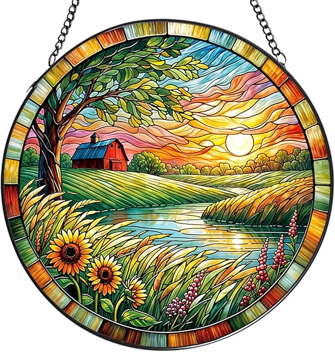 Lake Stained Glass Window Hanging, 7.87 Inch Handmade Plant Sun Catchers with Hook, Wall Art Decor Panel for Indoor Windows, Garden,Gift for Mother’s Day, Housewarming