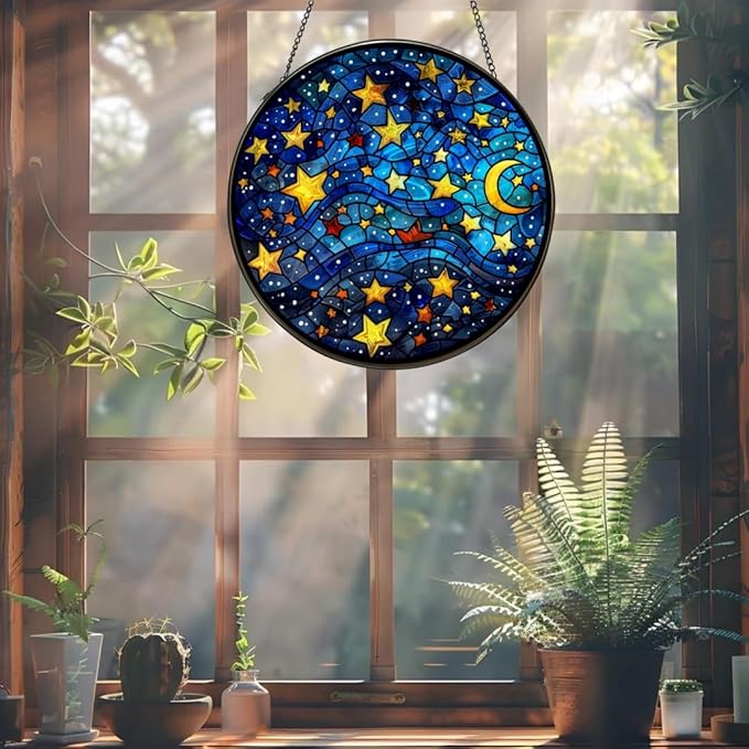 Suncatcher Starry Sky Stained Glass Suncatchers 7.87 Inch Stained Glass Ornament for Home Decor Indoor Wall Art for Mother Women Friends (Starry Sky, M)