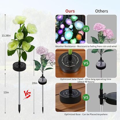 Solar Garden Lights Outdoor - Solar Flowers Lights Outdoor Decorative Waterproof, 40 Hour Coloring Changing White Rose Yard Pathway Light Solar Powered, Cemetery Decoration, Backyard Decor, 4pcs