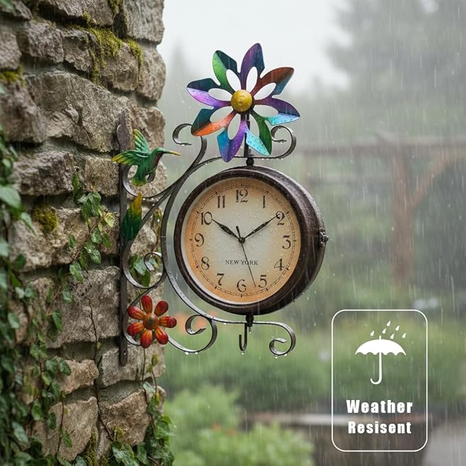 Vintage Indoor Outdoor Clock - Silent Non-Ticking, Double Sided Wall Clock with Windmill Decor Waterproof for Garden, Patio, Yard, Farmhouse, Home Décor (Colorful)