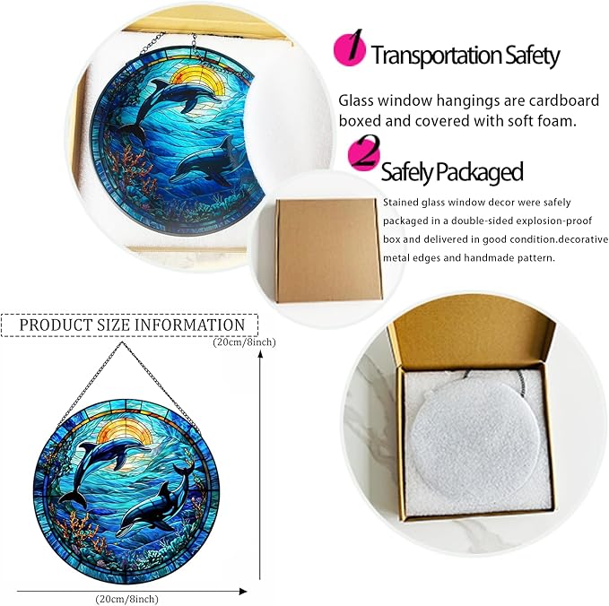 RIVEENY Dolphin Stained Glass Window Hangings,Dolphin Suncatchers for Windows Wall Hanging Christmas Decoration Ornament Housewarming Birthday Gift 20cm/7.87inch