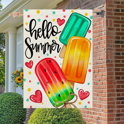 CROWNED BEAUTY Summer House Flag Popsicles Double Sided 28x40 Inches Large Burlap Welcome Seasonal Welcome Yard Decoration for Outside Porch CF1813-40
