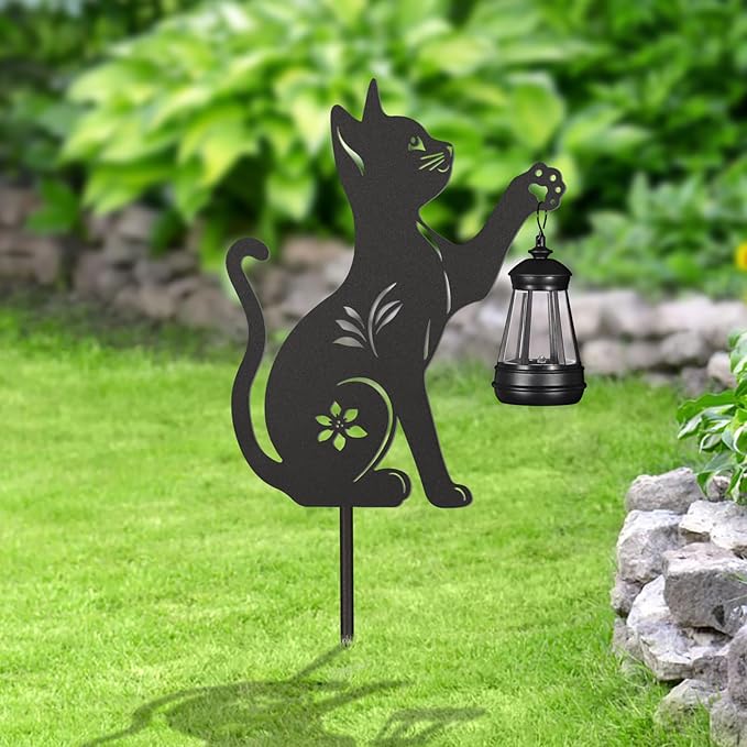 Doorkeer 2Pack Solar Outdoor Garden Lights Stakes Metal Cat Lawn Deco Statue Black Cat Patio Garden Decorative Stakes with Solar Lantern Christmas Birthday Gifts for Women Mom and Grandma