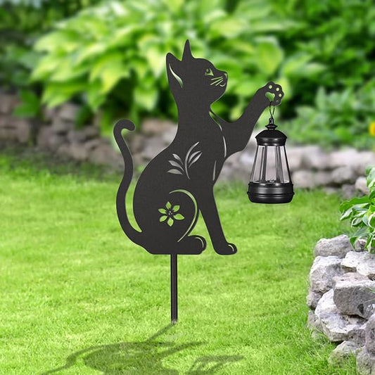 Doorkeer 2Pack Solar Outdoor Garden Lights Stakes Metal Cat Lawn Deco Statue Black Cat Patio Garden Decorative Stakes with Solar Lantern Christmas Birthday Gifts for Women Mom and Grandma