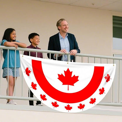 6 x 3 FT Flat Canada Flag Bunting – No-Pleat Half Circle Maple Leaf Banner with Grommets, Red White Patriotic Fan Flag for Outdoor Porch, Fence, Wall, Window, July 1st Canada Day Decorations