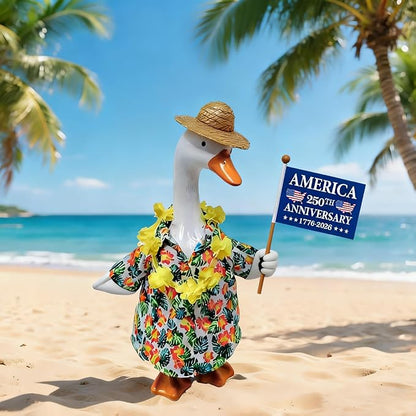 Porch Goose Summer Outfits for 23'' Lawn Porch Goose Clothing Hawaiian Outfits, Summer Lawn Goose Costume, Yard Goose Clothes Hawaiian Wreath with Straw Hat Glasses (with a 250th Years Flag)