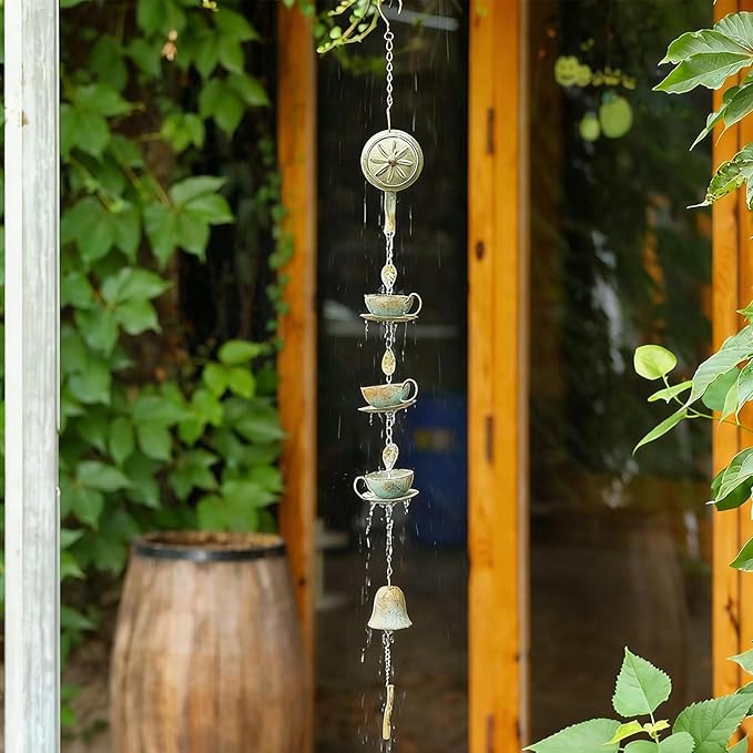 Jemeni 40" H Teapot & Cups Rain Chime with Bell Hanging, Green Patina…
